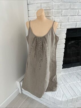 Eileen Fisher Taupe Linen Slip Dress with Embroidered Front